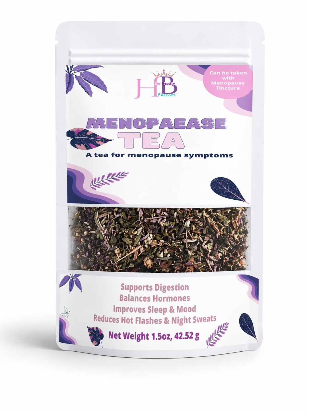 Menopausal tea package with visible text and branding on a white background