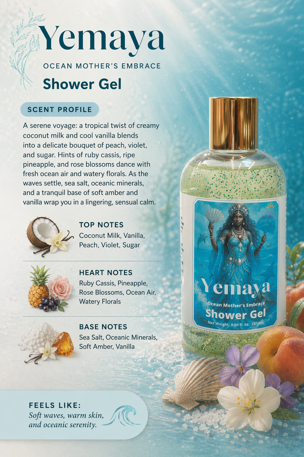 Yemaya Ocean Mother's Embrace Shower Gel bottle with product details on a blue background