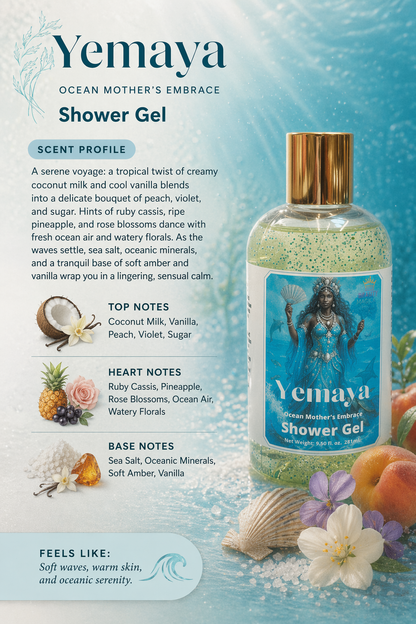 Yemaya Ocean Mother's Embrace Shower Gel bottle with product details on a blue background