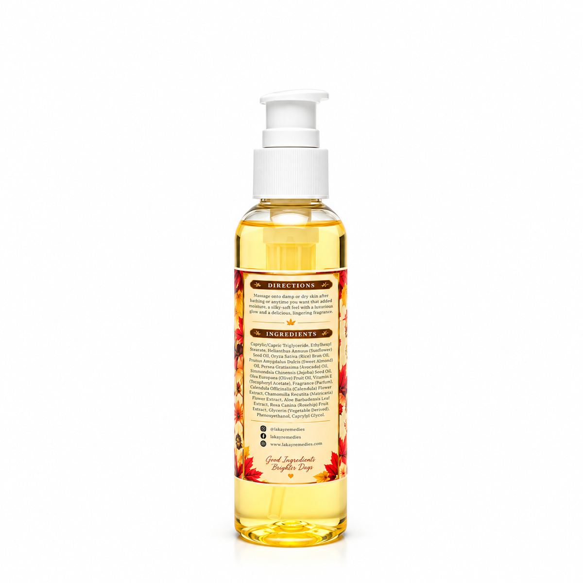 A bottle of body oil with a white pump dispenser, filled with a golden yellow liquid, shown against a plain white background.