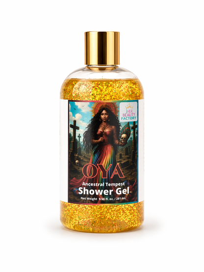 Bottle of OYA Ancestral Tempest Shower Gel with gold cap on a white background