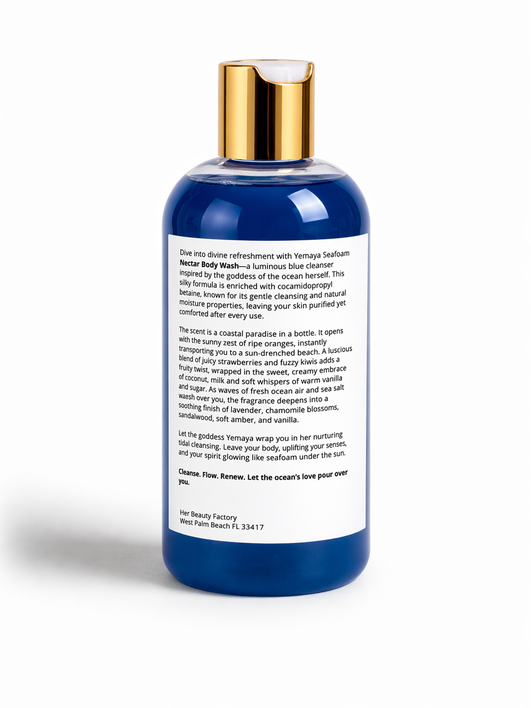 Yemaya Seafoam Nectar Shower Gel in a blue bottle with gold cap by Her Beauty Factory