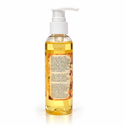 A clear pump bottle filled with golden yellow oil, featuring a white pump dispenser and a detailed label with text and illustrations, set against a plain white background.