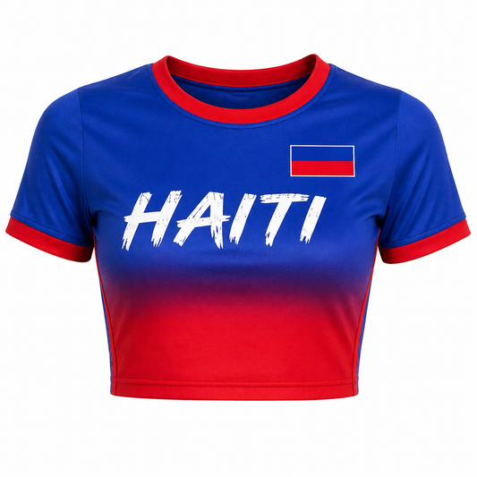 Blue and red crop top with 'HAITI' and a small flag on a white background