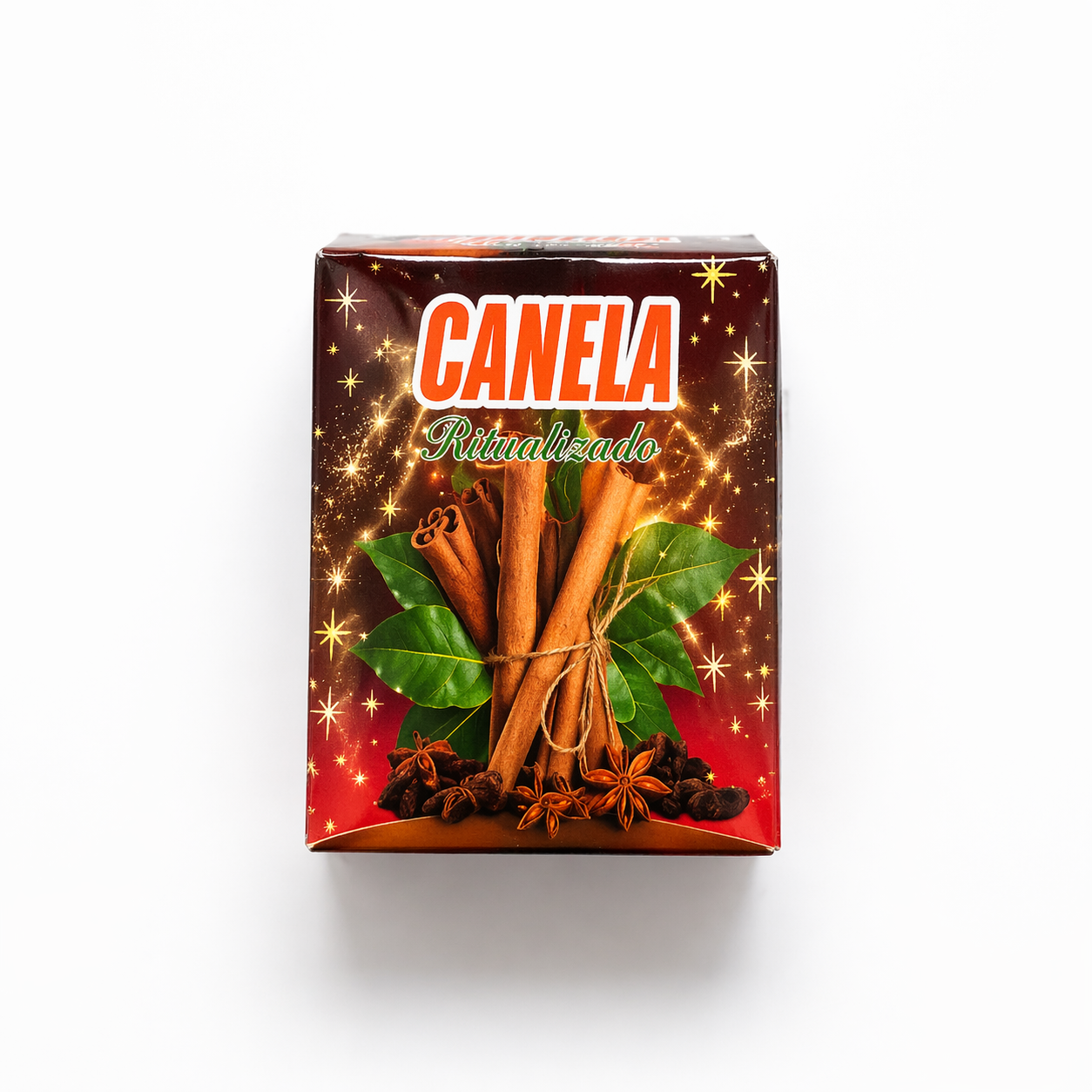 Canela (cinnamon) packaging with cinnamon sticks and leaves on a white background