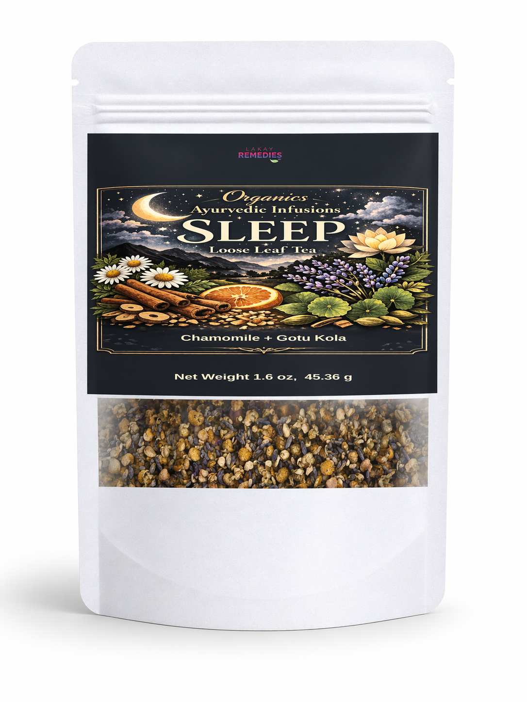 Sleep tea package with herbs on a white background