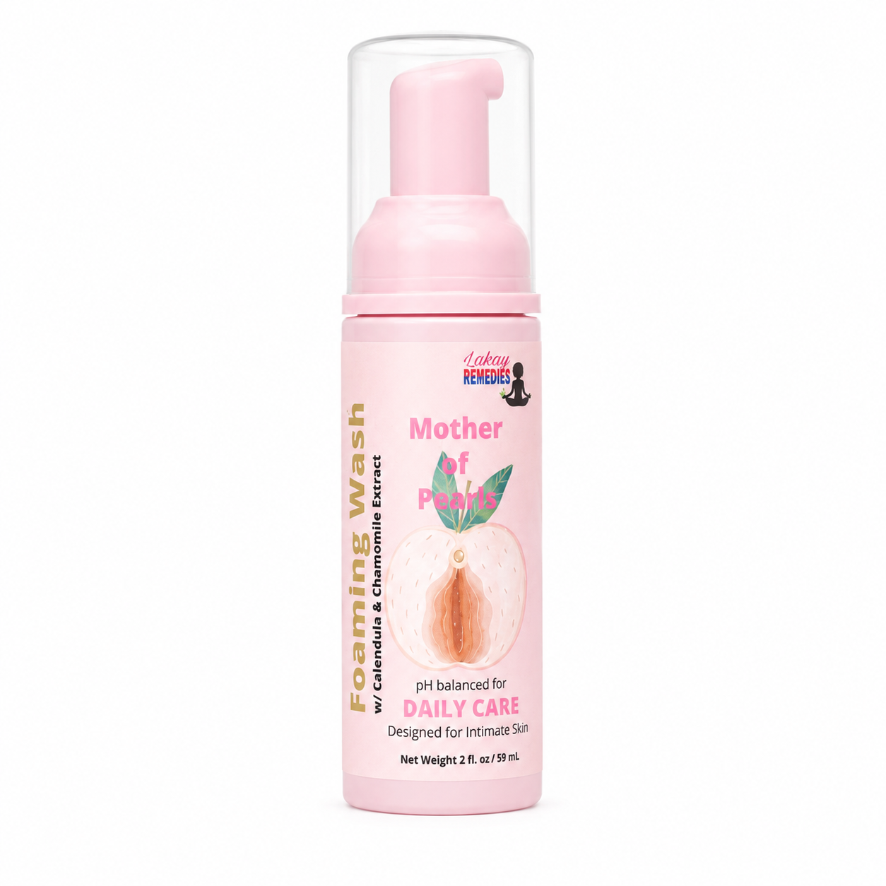 A pink bottle of foaming wash with a clear cap, labeled 'Mother of Pearls' and 'Daily Care' for intimate skin, on a white background.