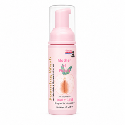 A pink bottle of foaming wash with a clear cap, labeled 'Mother of Pearls' and 'Daily Care' for intimate skin, on a white background.