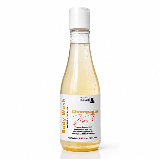 A bottle of Body Wash by Lakay Remedies in the 'Champagne Kiss' scent, featuring a clear bottle filled with pale golden liquid and a white cap, set against a plain white background.