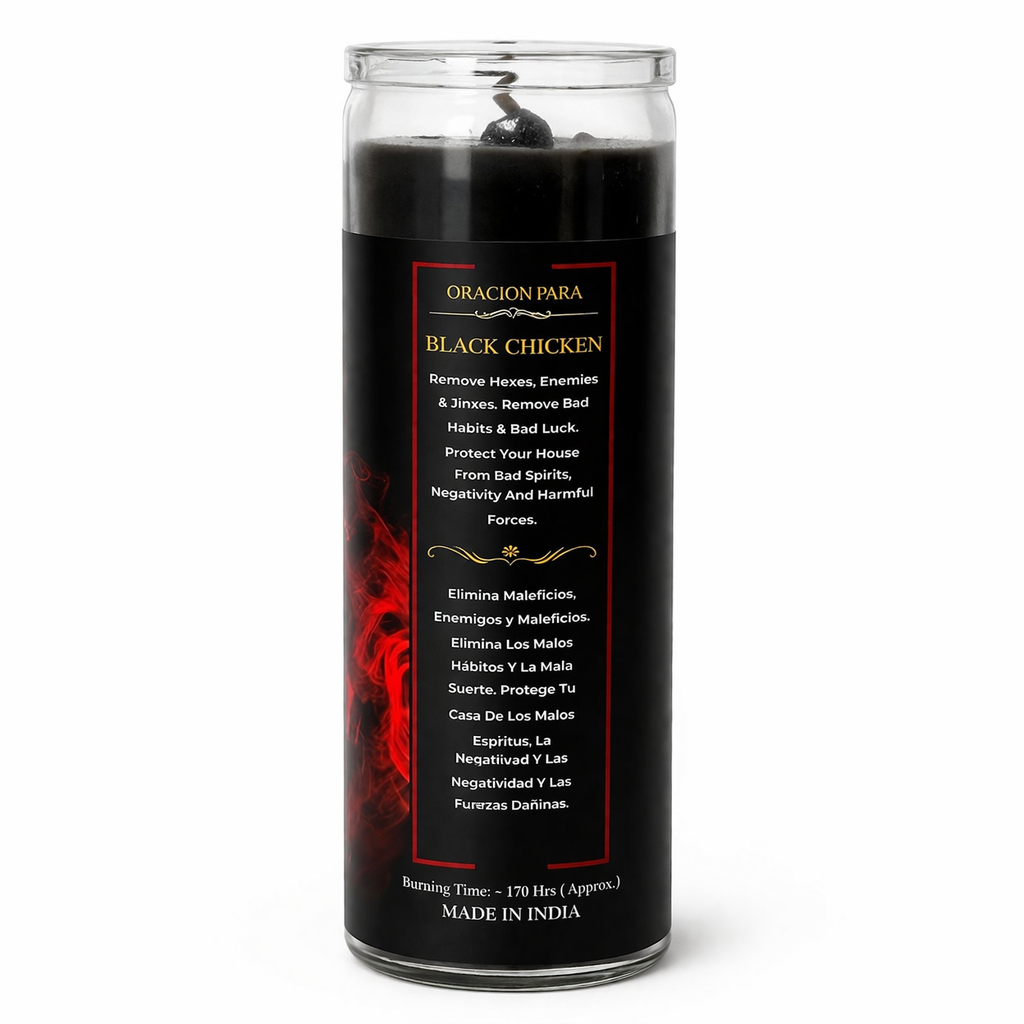 Black candle with red text and design on a white background
