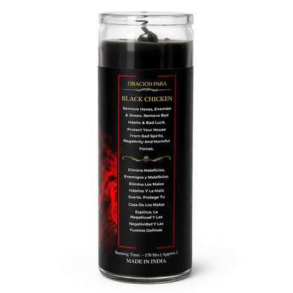 Black candle with red text and design on a white background