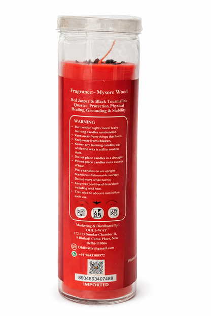 Red candle in a glass jar with text on a white background