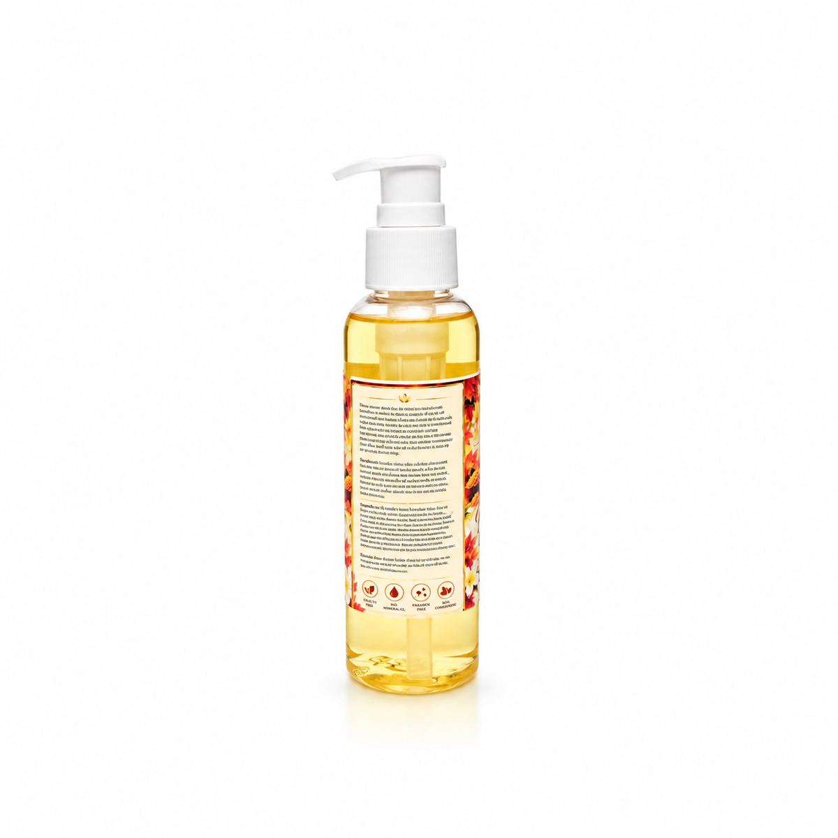 A clear plastic pump bottle filled with golden yellow liquid, featuring a white pump dispenser and a decorative label with red and orange floral patterns, shown against a plain white background.