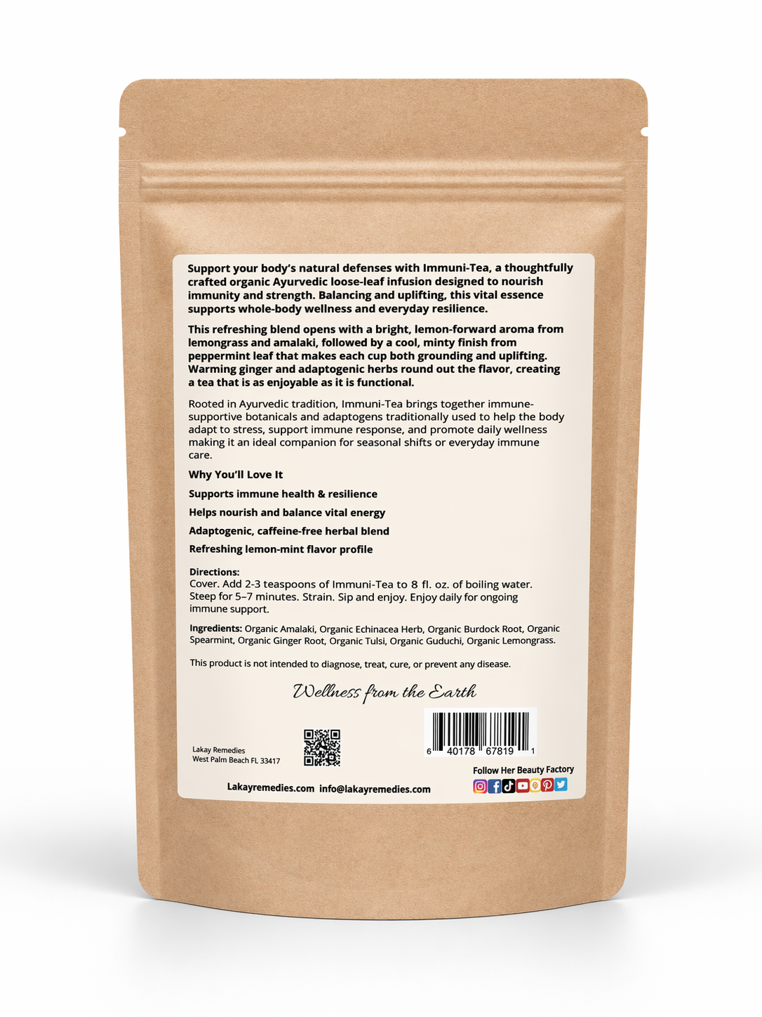 Back of a brown tea packaging with text on a white background