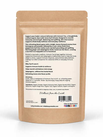 Back of a brown tea packaging with text on a white background