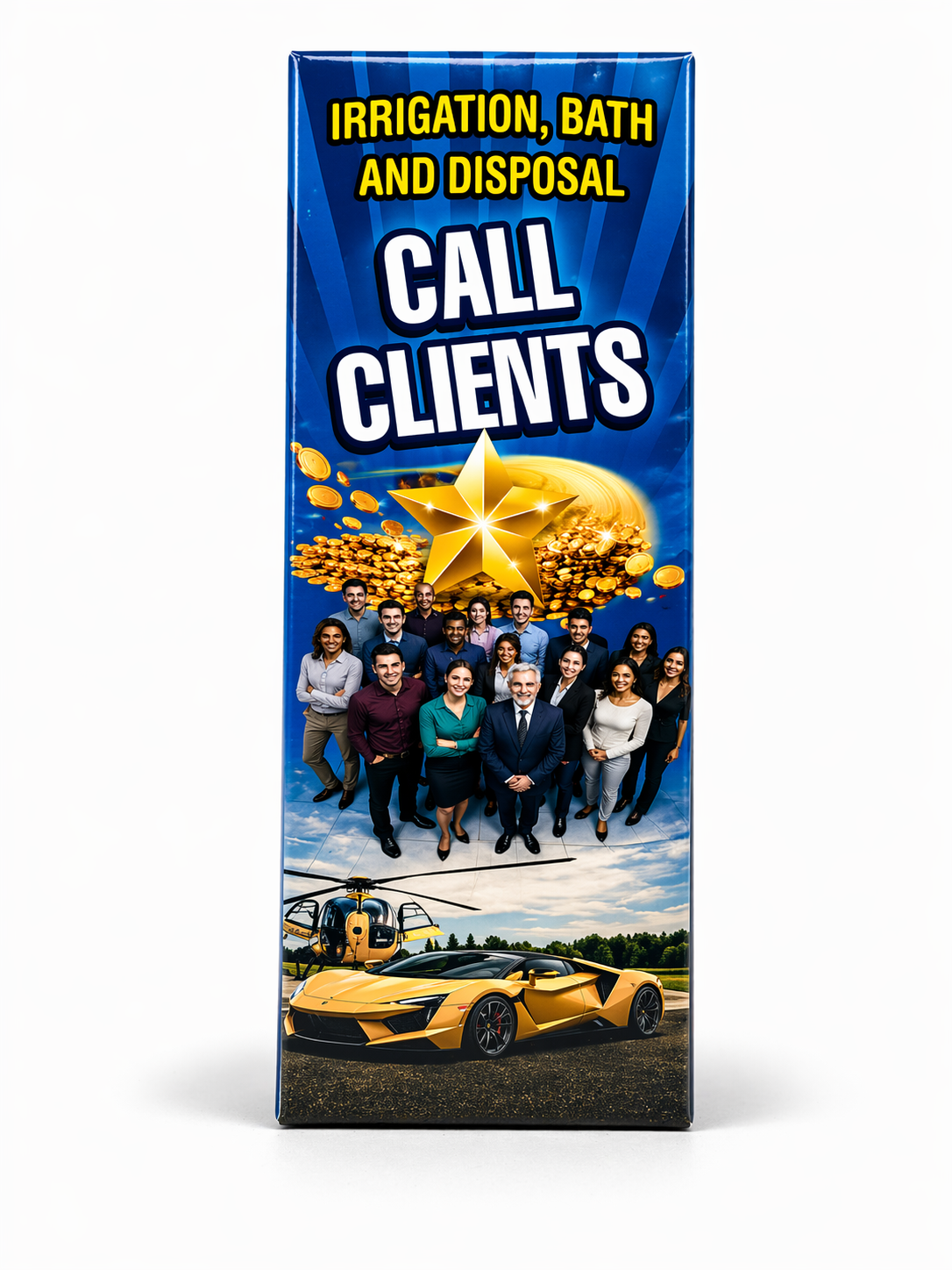 Promotional banner for irrigation, bath, and disposal services with a group photo and vehicle on a blue background.
