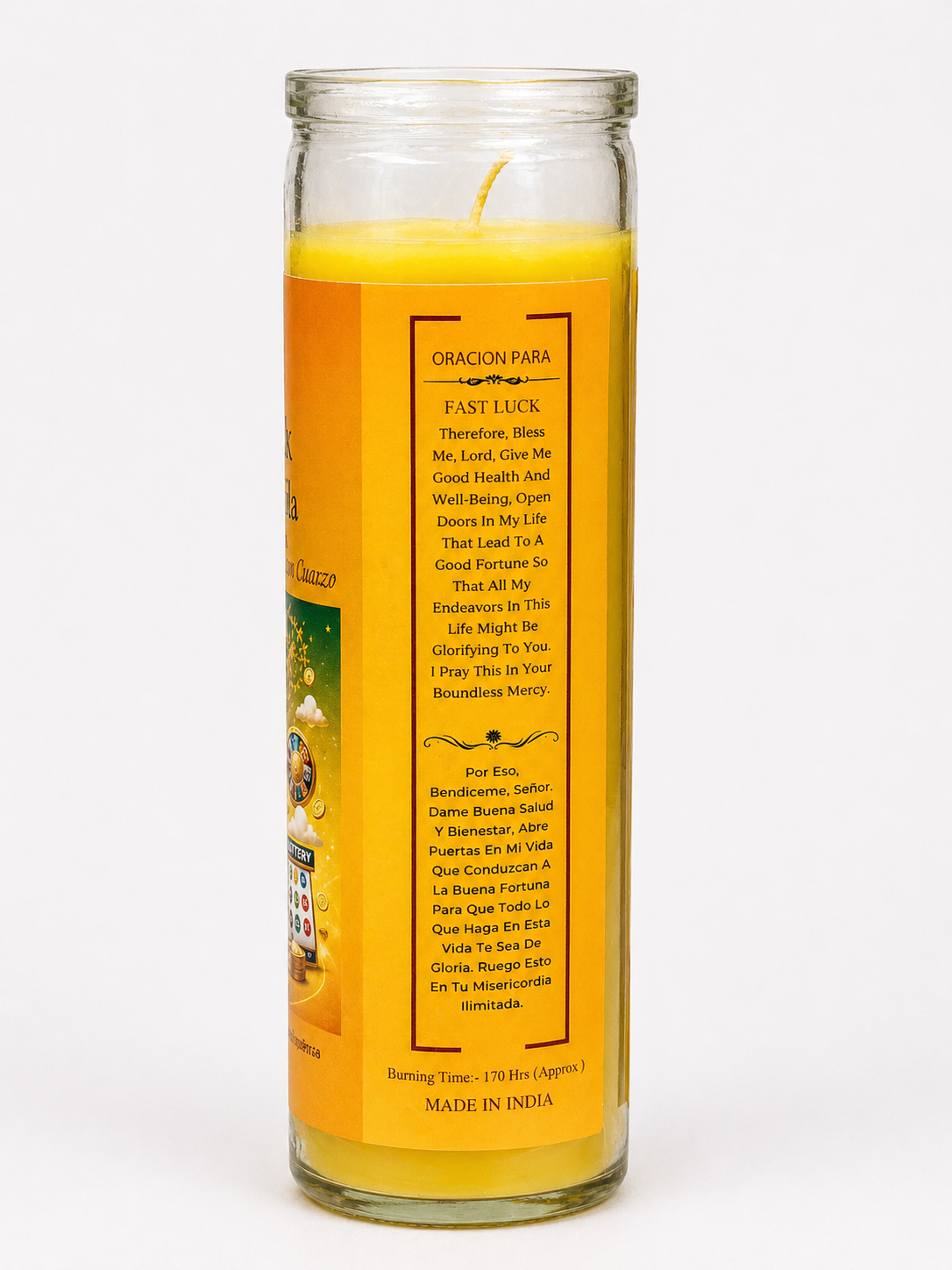 Yellow candle in a glass jar with text on a white background