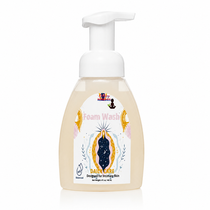 A bottle of Daily Care Foam Wash, featuring a white pump dispenser and a label with a celestial design, set against a plain white background.