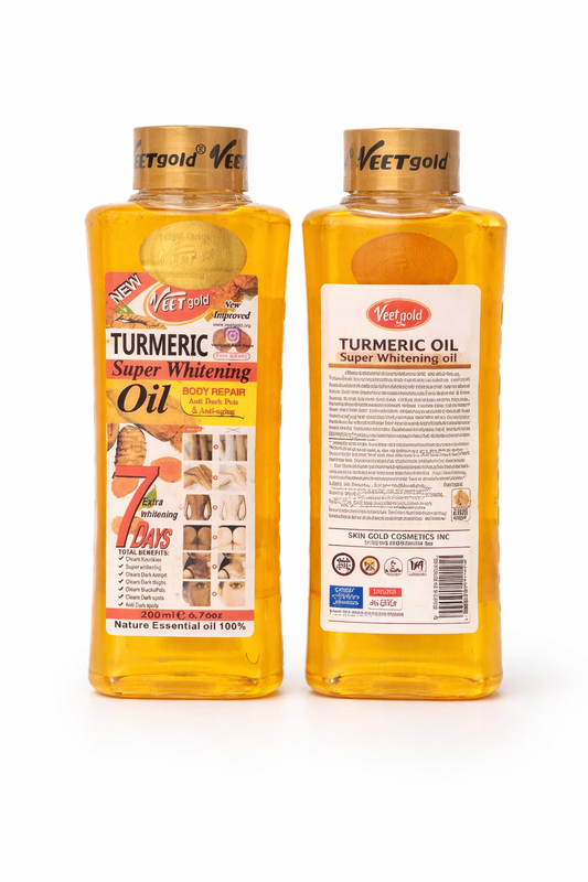 Two bottles of Veet Turmeric Oil on a white background