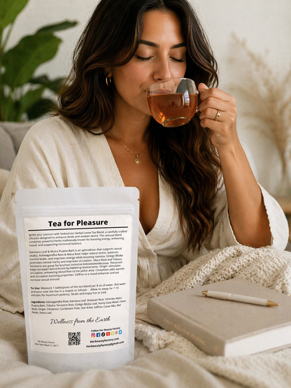 Woman drinking tea from a glass mug with a package of 'Tea for Pleasure' in front of her.