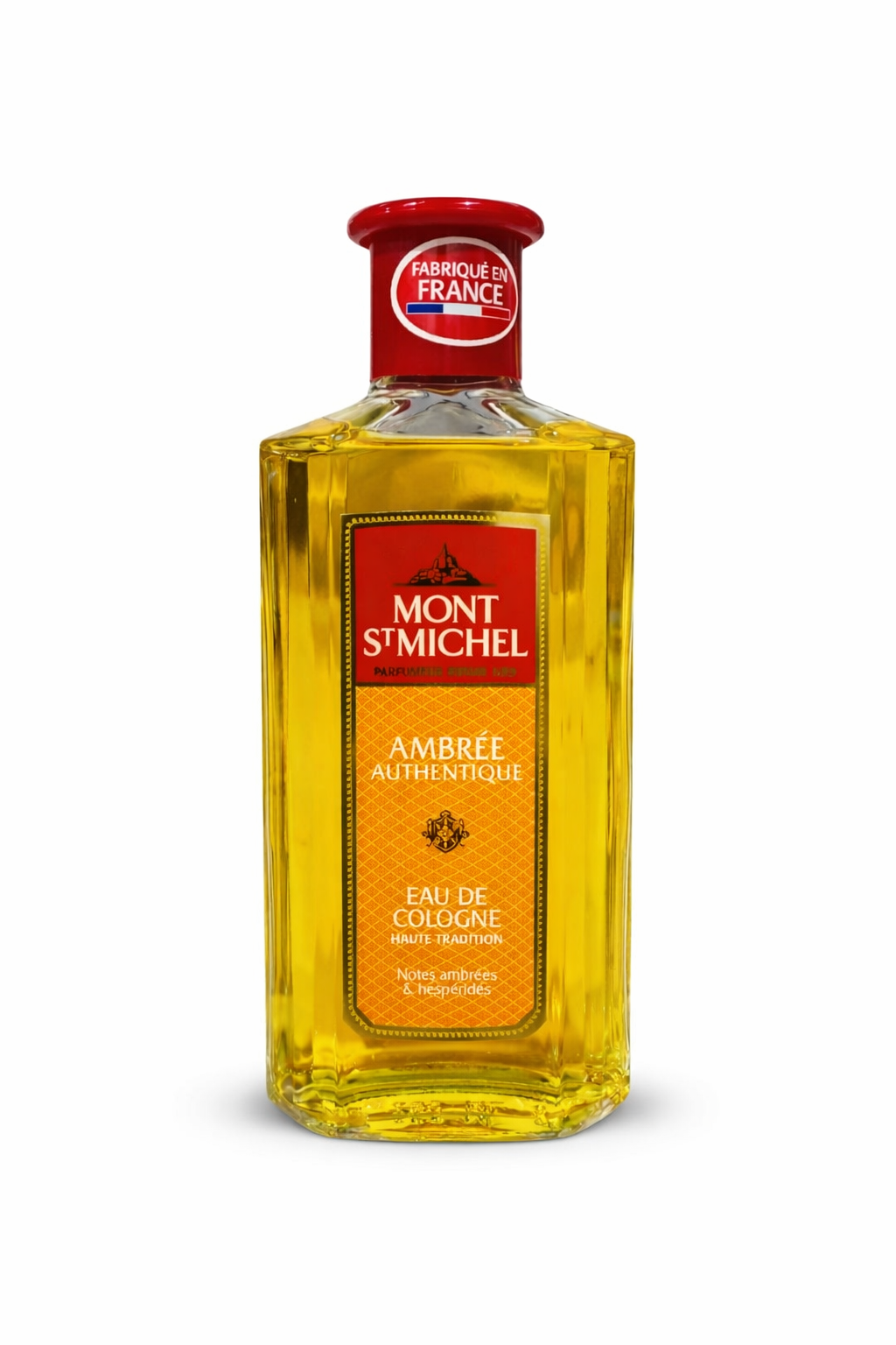 Bottle of Mont St. Michel cologne on a white background