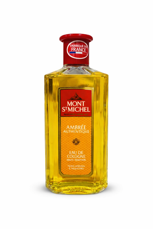 Bottle of Mont St. Michel cologne on a white background