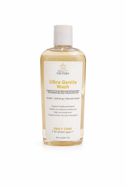 Bottle of Ultra Gentle Wash from Her Beauty Factory on a white background