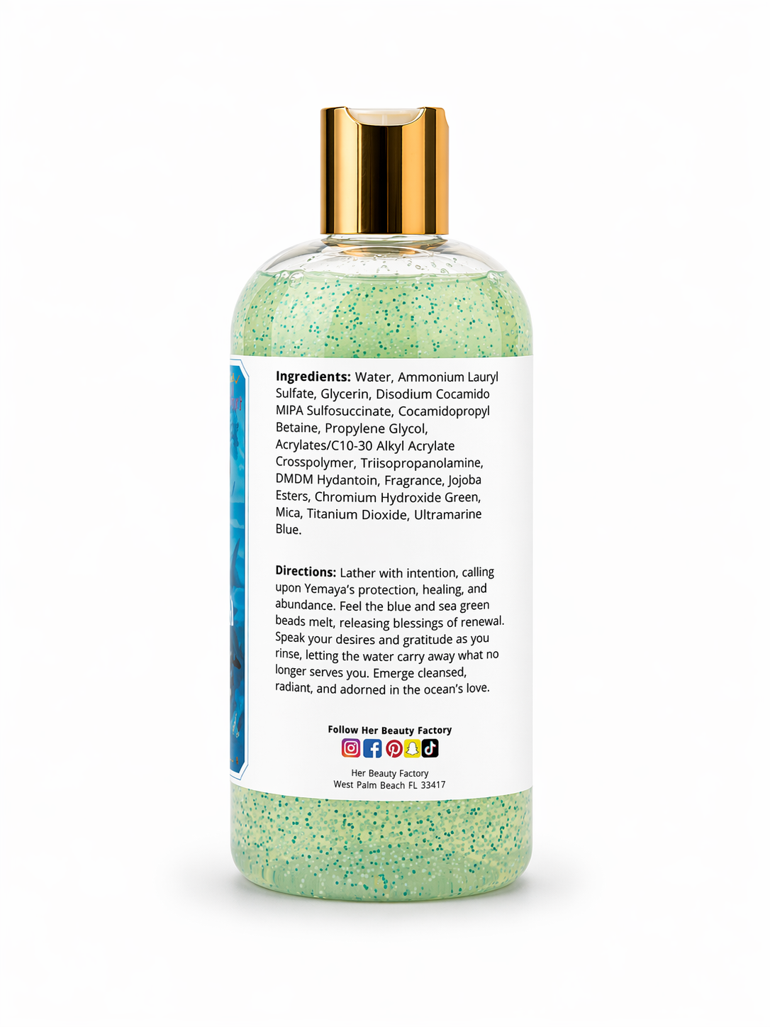 Bottle of green bath product with gold cap on a white background