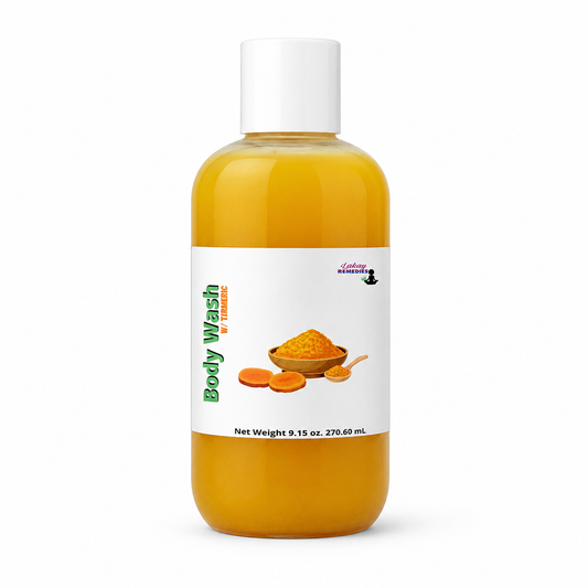 A clear plastic bottle of body wash filled with orange-yellow liquid, featuring a white cap and a white label with green text and an illustration of turmeric powder.