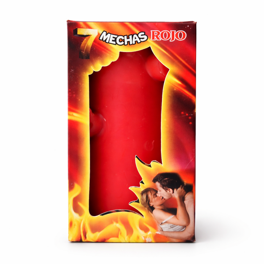Red packaging with flames and a couple, featuring '7 Mechas Rojo' text.
