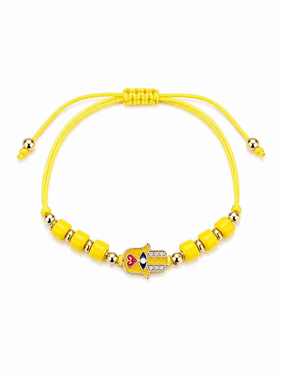 Yellow beaded bracelet with a heart-shaped on Hamsa Hand on a white background