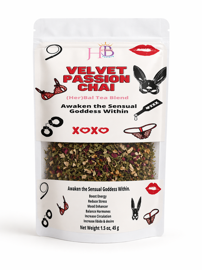 Package of Velvet Passion Chai tea blend with branding and product details on a white background