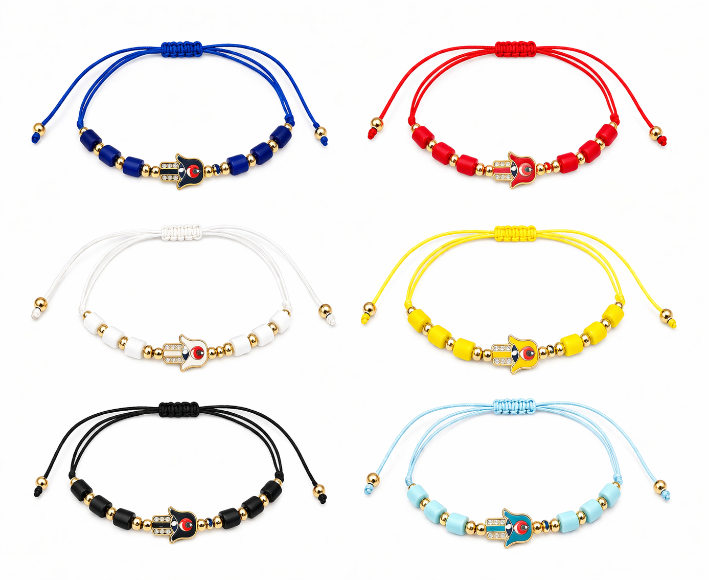 Set of six colorful beaded bracelets on a white background