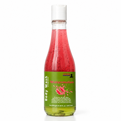 A bottle of watermelon scented body wash with a green label and white cap, filled with pinkish-red liquid, on a white background.