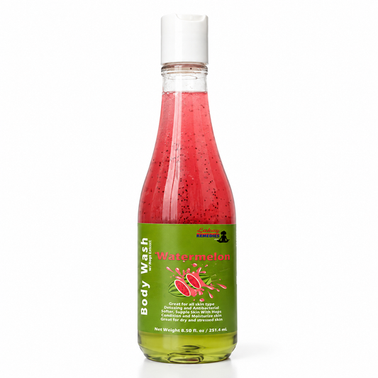 A bottle of watermelon scented body wash with a green label and white cap, filled with pinkish-red liquid, on a white background.