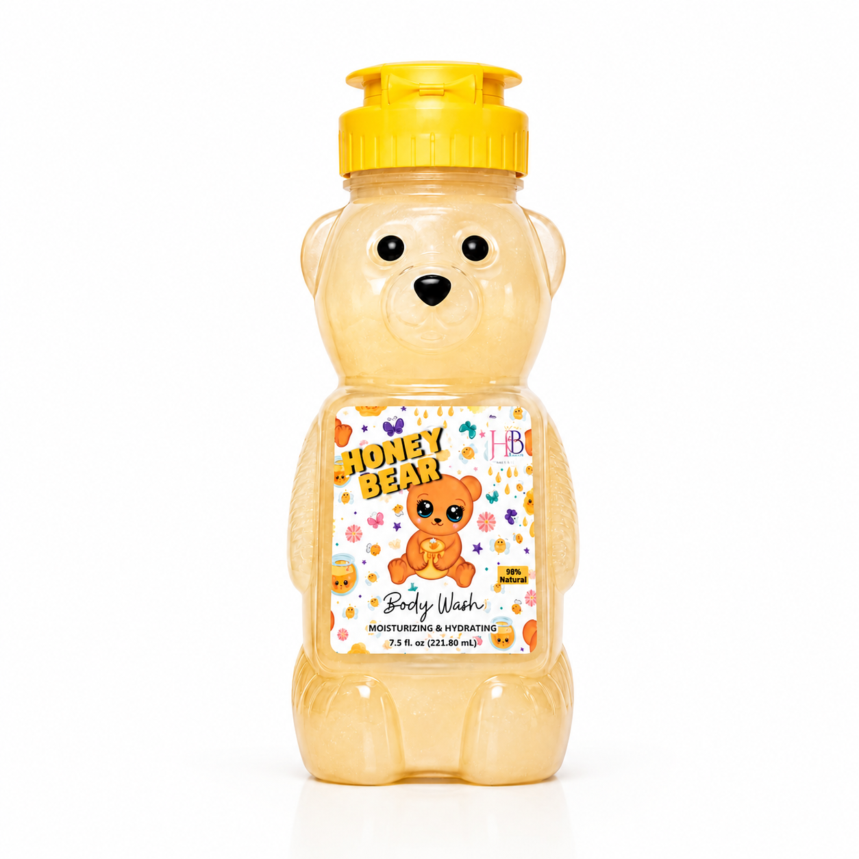 A honey bear-shaped body wash bottle with a yellow flip-top cap, filled with golden honey-colored liquid. The bear-shaped bottle features a printed front label that reads 'HONEY BEAR Body Wash' with a teddy bear illustration and small colorful flower accents.