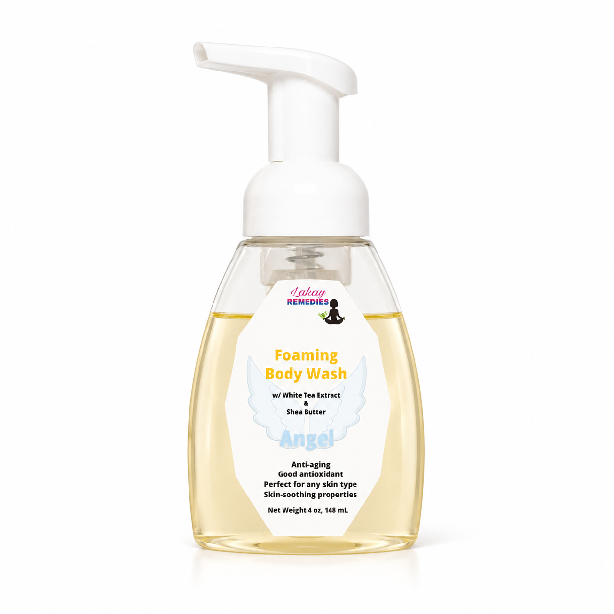 A bottle of Angel Foaming Body Wash with a white pump dispenser and clear bottle showing pale yellow liquid inside, on a white background.