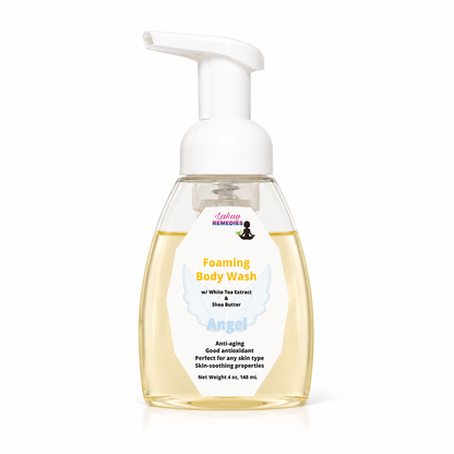 A bottle of Angel Foaming Body Wash with a white pump dispenser and clear bottle showing pale yellow liquid inside, on a white background.