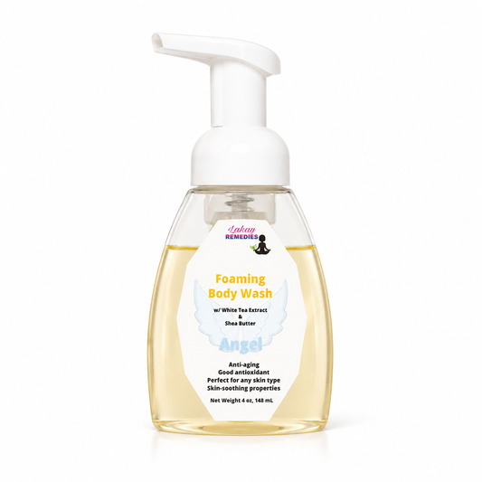 A bottle of Angel Foaming Body Wash with a white pump dispenser and clear bottle showing pale yellow liquid inside, on a white background.