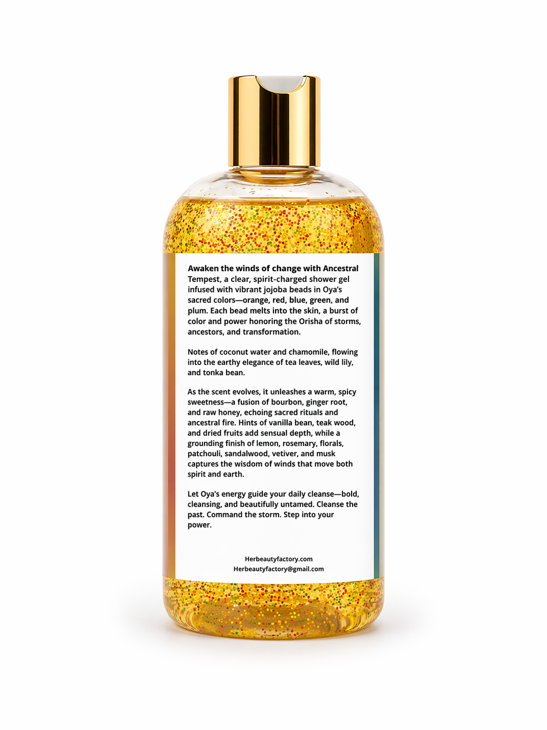Bottle of shower gel with gold cap and label on a white background