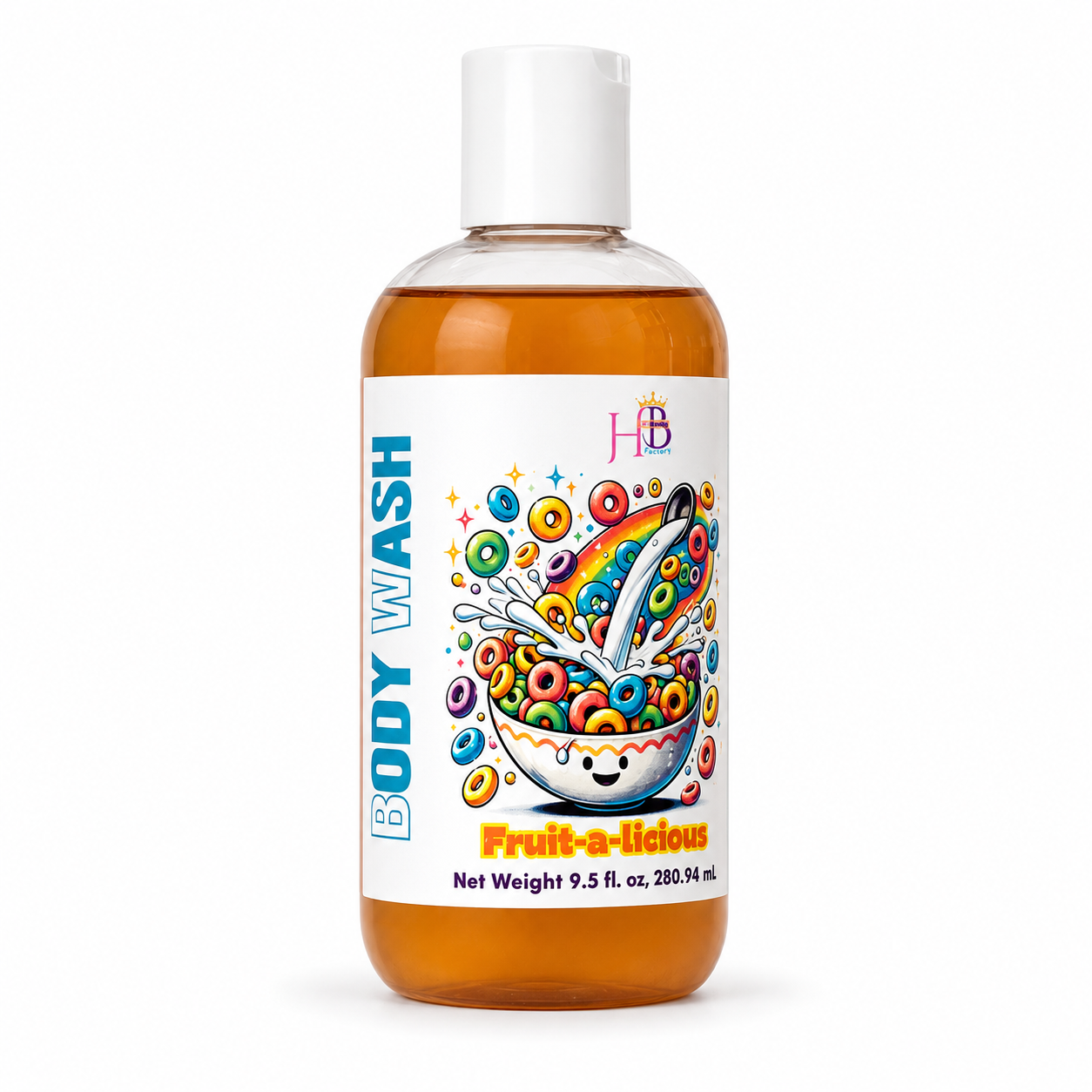 A bottle of Fruit-a-Lious body wash with a white cap and a colorful label, shown on a plain white background.