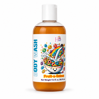 A bottle of Fruit-a-Lious body wash with a white cap and a colorful label, shown on a plain white background.