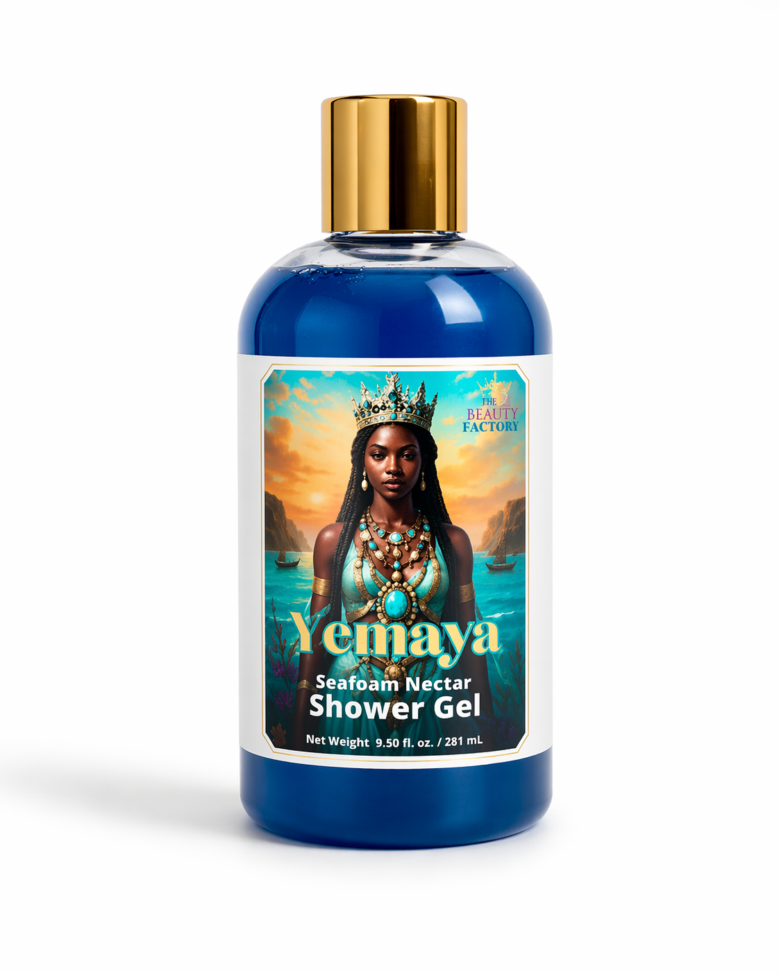 Bottle of Yemaya Seafoam Nectar Shower Gel with a gold cap on a white background