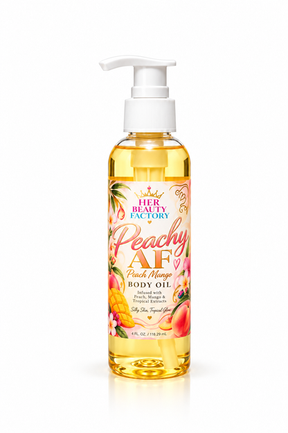 A bottle of Her Beauty Factory Peach AF Peach Mango Body Oil with a white pump dispenser, shown on a clean white background.