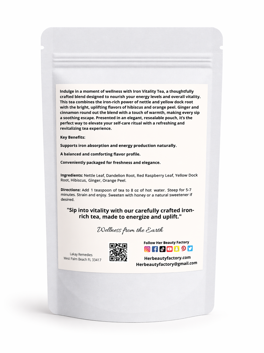 Tea package with text and branding on a white background