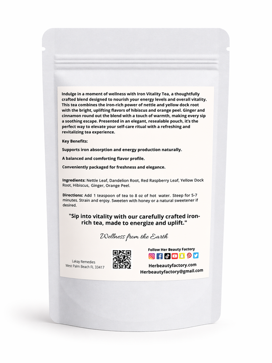 Tea package with text and branding on a white background