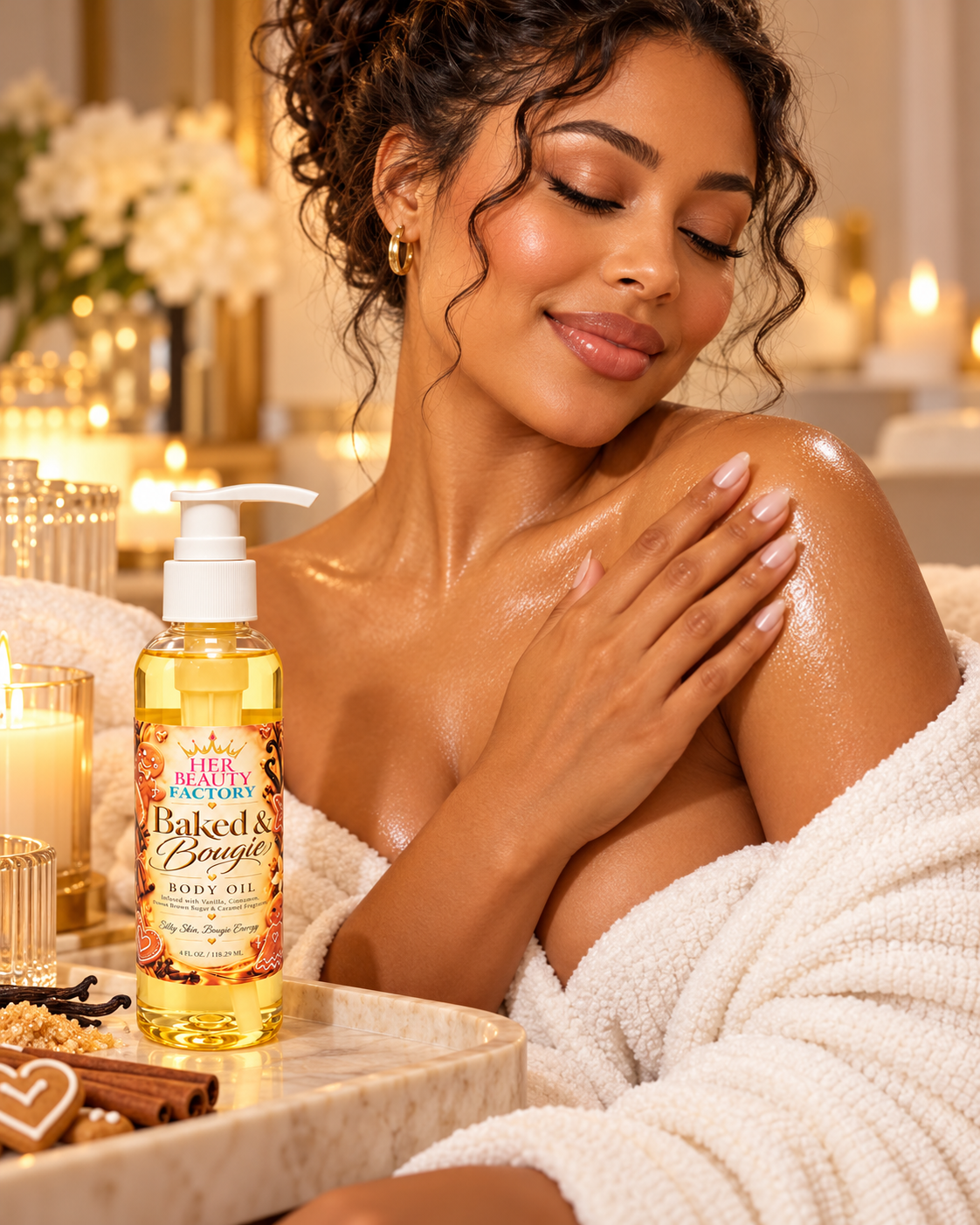 A woman wrapped in a white robe receives body oil massage, with a bottle of Her Beauty Factory Baked & Bougie Body Oil placed on a marble tray in a warm spa-like setting.