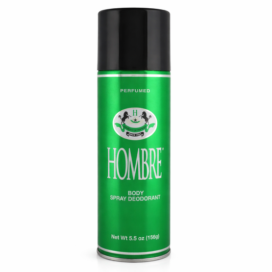 Green can of Hômber body spray deodorant with black cap on a white background