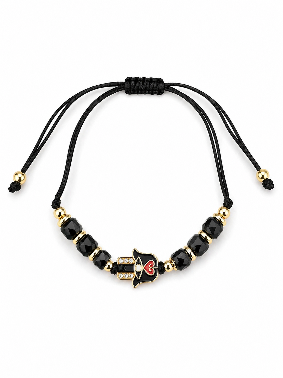 Black beaded bracelet with gold accents on a white background