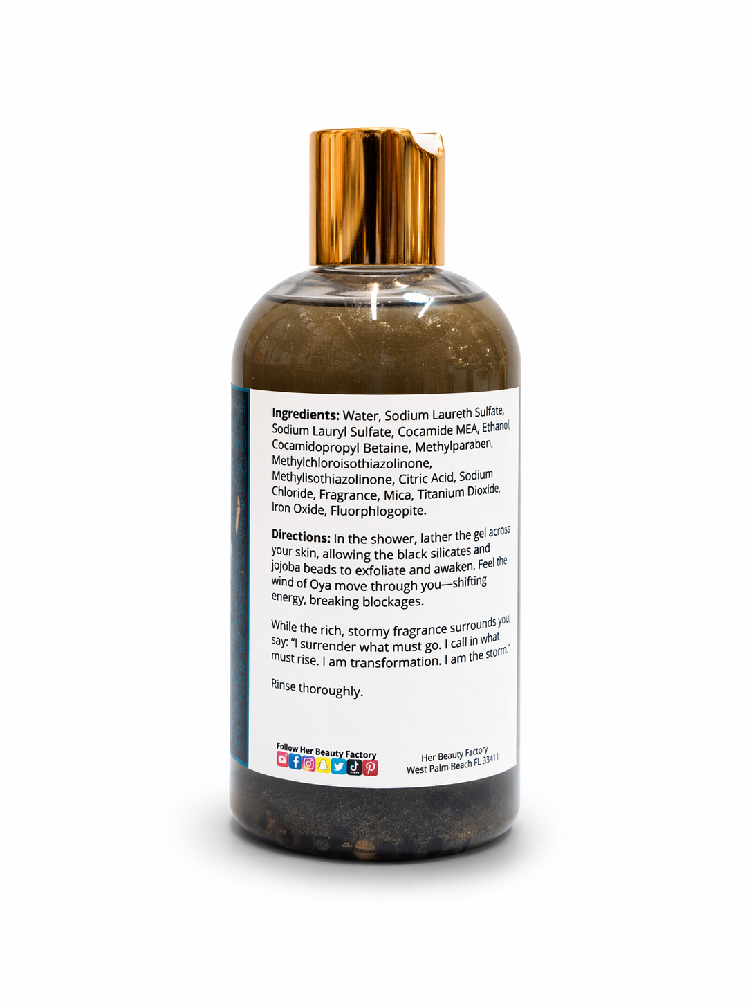 Bottle of body wash with a gold cap on a white background